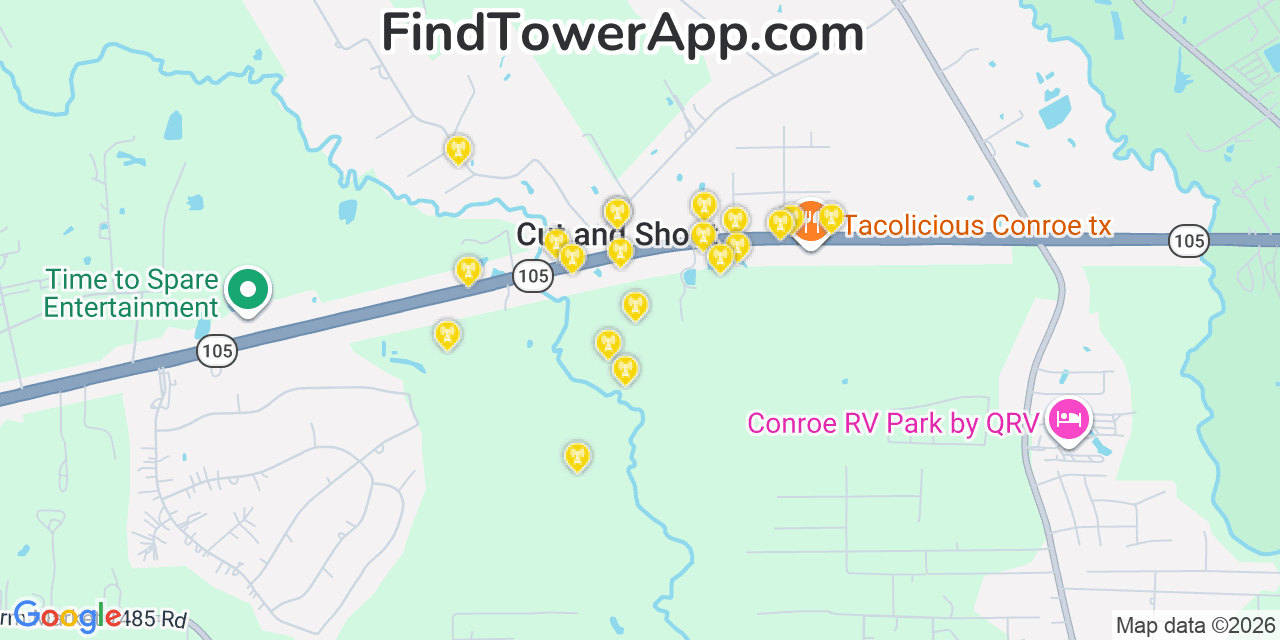Map showing the 20 primary cell tower locations detected in Cut And Shoot, Texas from AT&T, Verizon, and T-Mobile networks