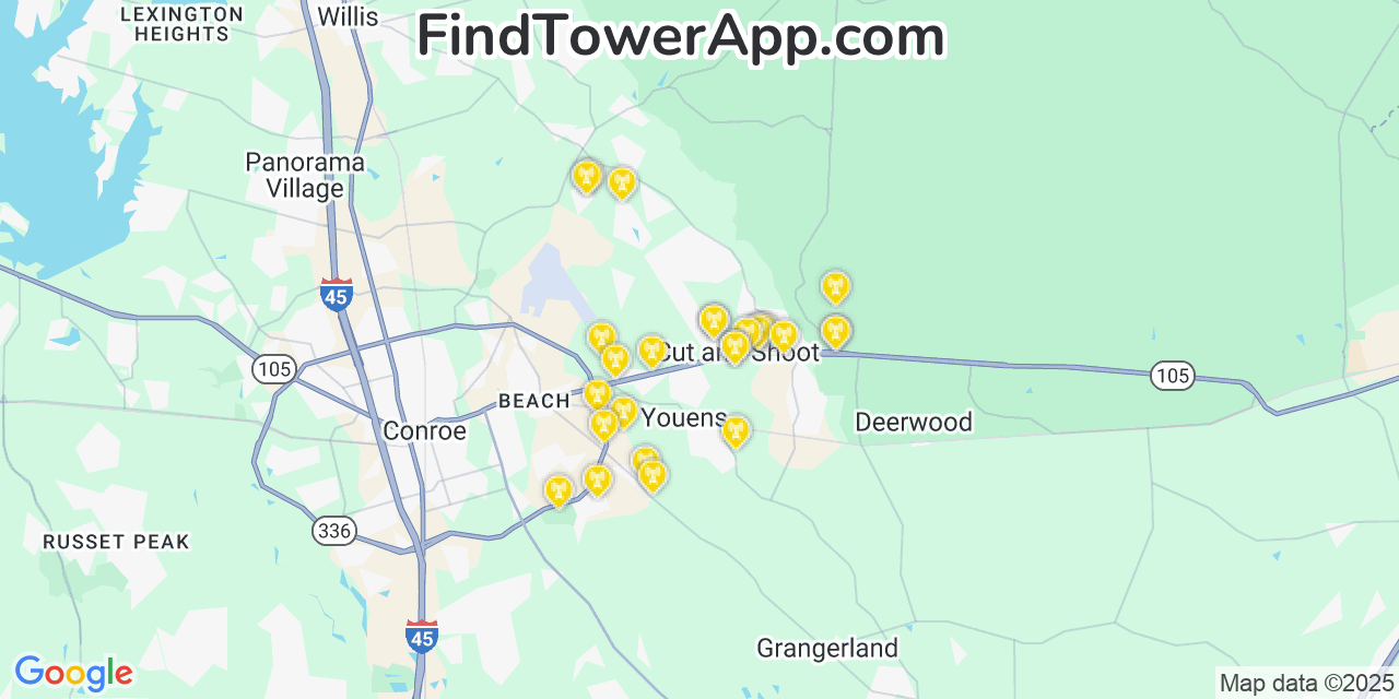 Map showing the 26 primary T-Mobile cell tower locations detected in Cut And Shoot, Texas with coverage radius and signal strength indicators