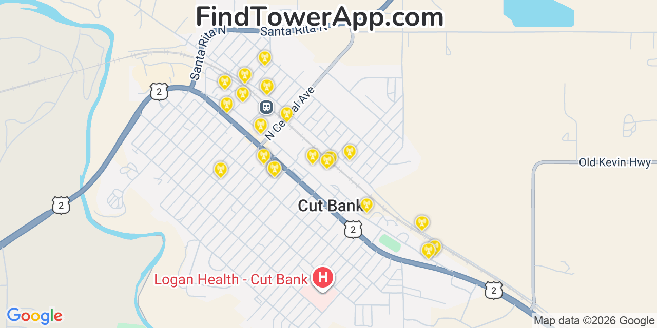 Map showing the 20 primary cell tower locations detected in Cut Bank, Montana from AT&T, Verizon, and T-Mobile networks