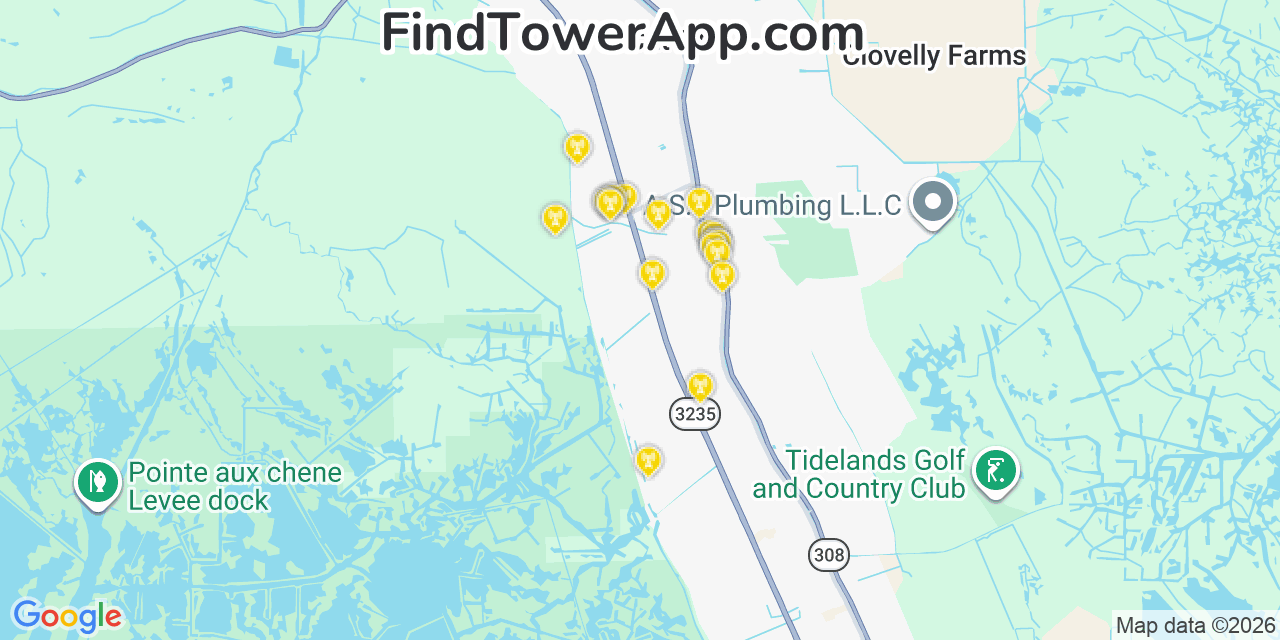 Map showing the 20 primary cell tower locations detected in Cut Off, Louisiana from AT&T, Verizon, and T-Mobile networks