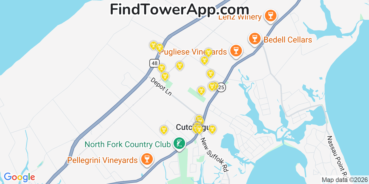 Map showing the 20 primary cell tower locations detected in Cutchogue, New York from AT&T, Verizon, and T-Mobile networks