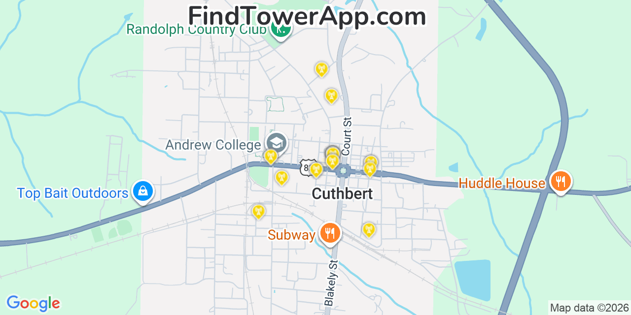 Map showing the 20 primary cell tower locations detected in Cuthbert, Georgia from AT&T, Verizon, and T-Mobile networks