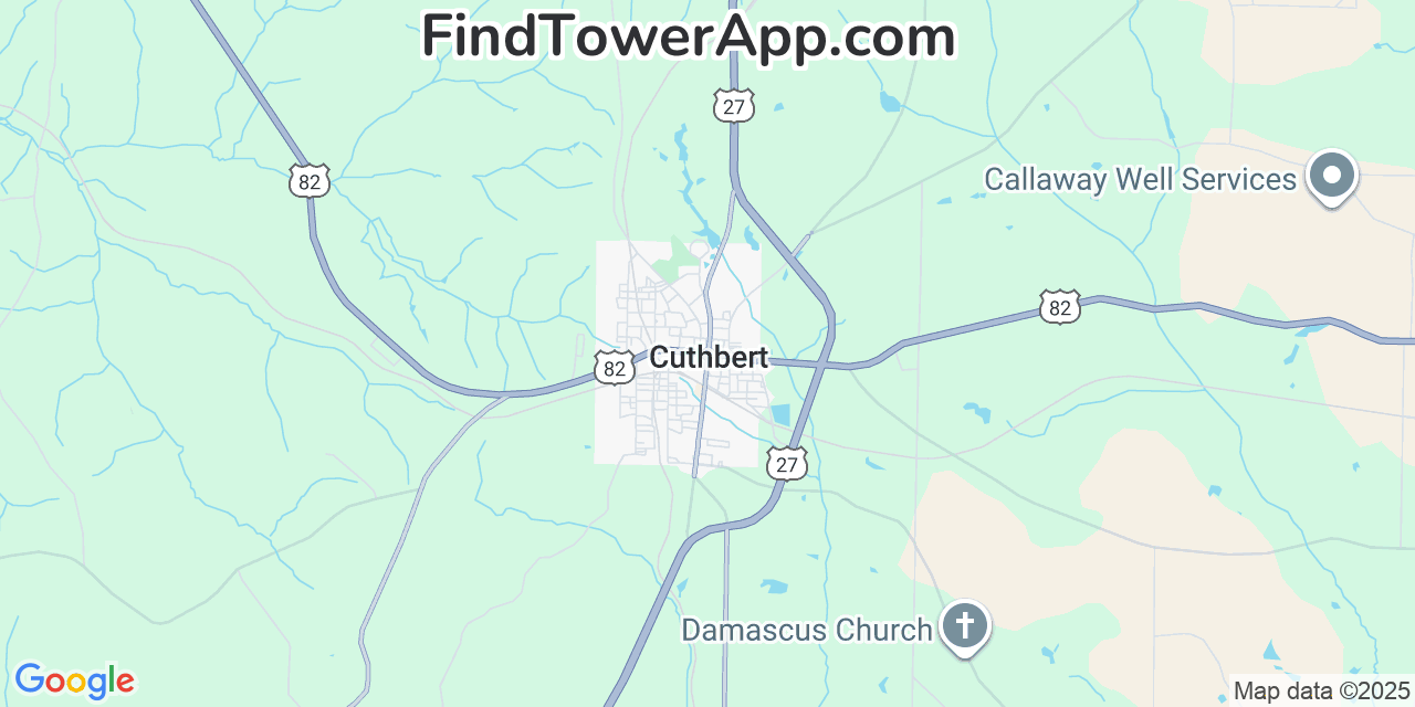 Map showing the 20 primary Mobitel cell tower locations detected in Cuthbert, Georgia with coverage radius and signal strength indicators