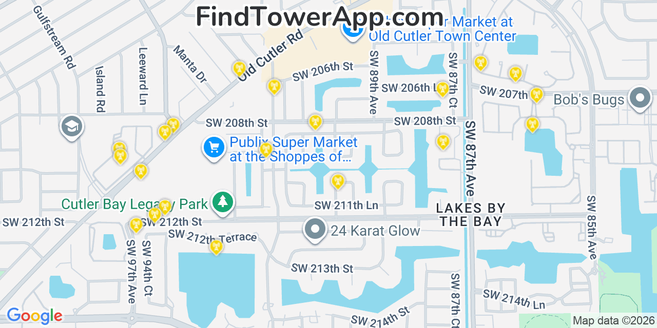 Map showing the 20 primary cell tower locations detected in Cutler Bay, Florida from AT&T, Verizon, and T-Mobile networks
