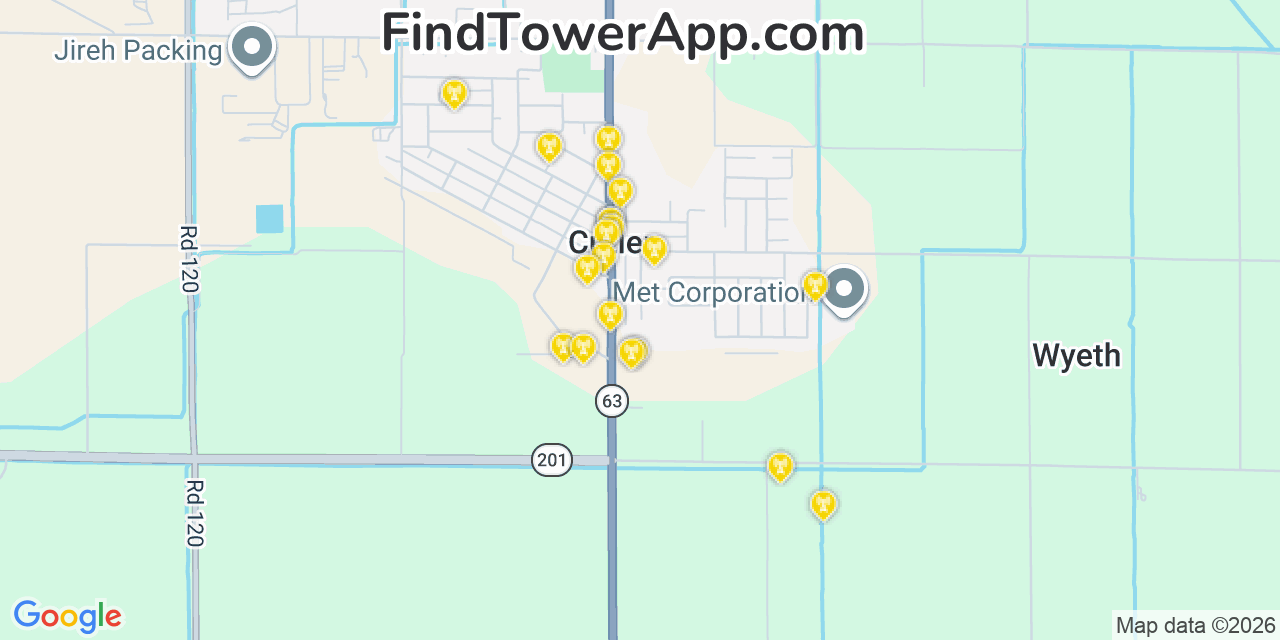 Map showing the 20 primary cell tower locations detected in Cutler, California from AT&T, Verizon, and T-Mobile networks