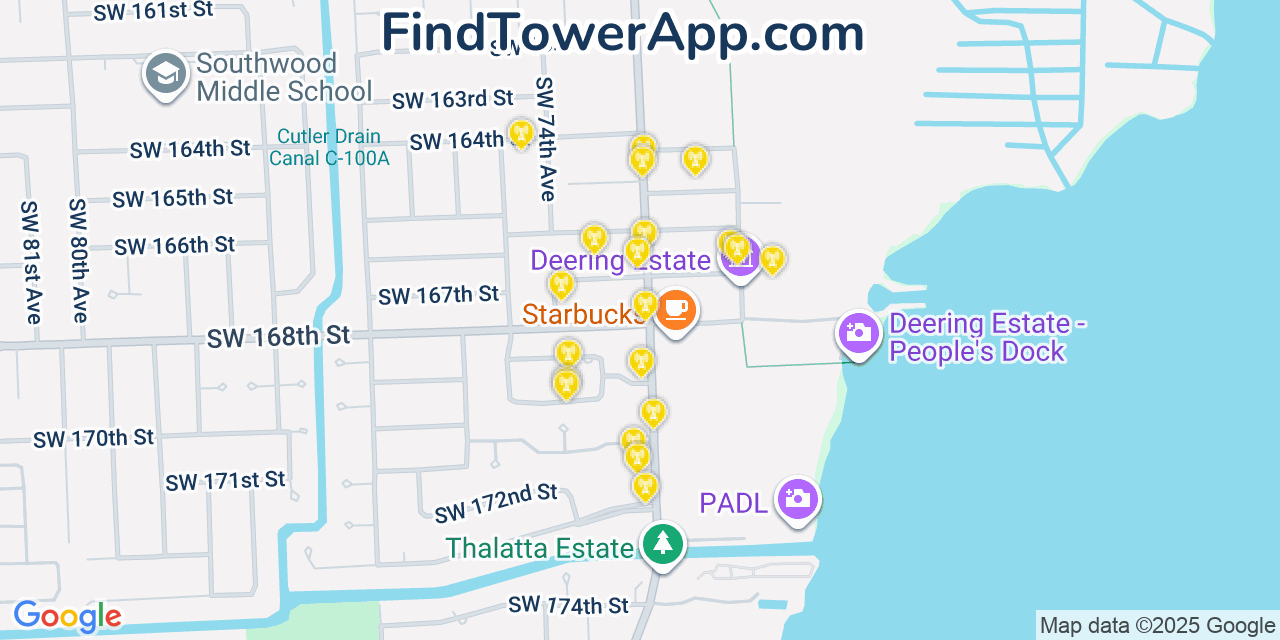 Map showing the 20 primary cell tower locations detected in Cutler, Florida from AT&T, Verizon, and T-Mobile networks