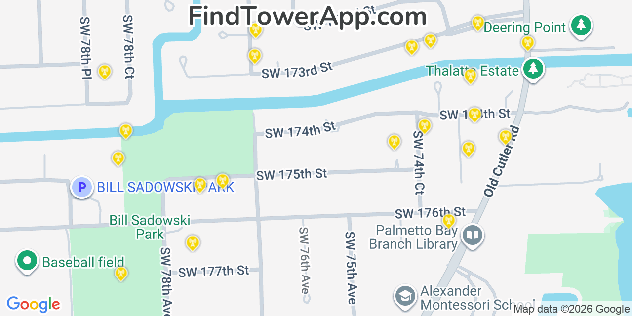Map showing the 20 primary cell tower locations detected in Cutler, Florida from AT&T, Verizon, and T-Mobile networks