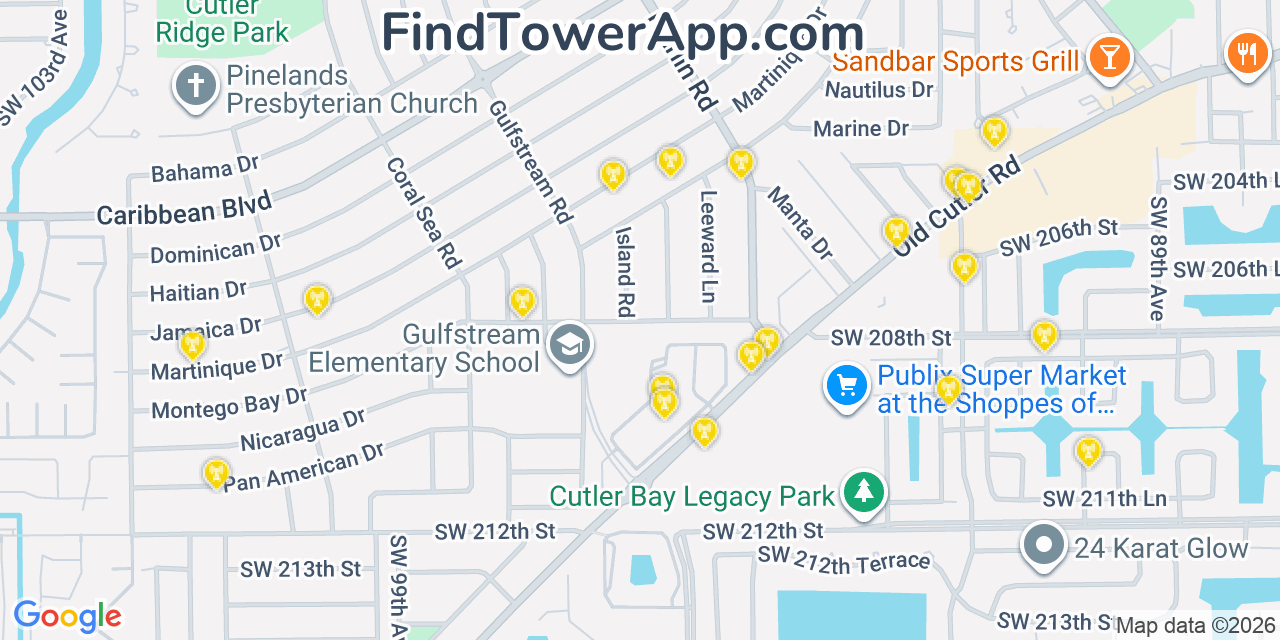 Map showing the 20 primary cell tower locations detected in Cutler Ridge, Florida from AT&T, Verizon, and T-Mobile networks