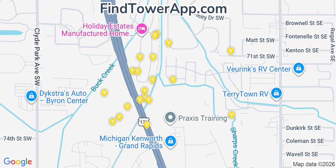 Map showing the 20 primary cell tower locations detected in Cutlerville, Michigan from AT&T, Verizon, and T-Mobile networks