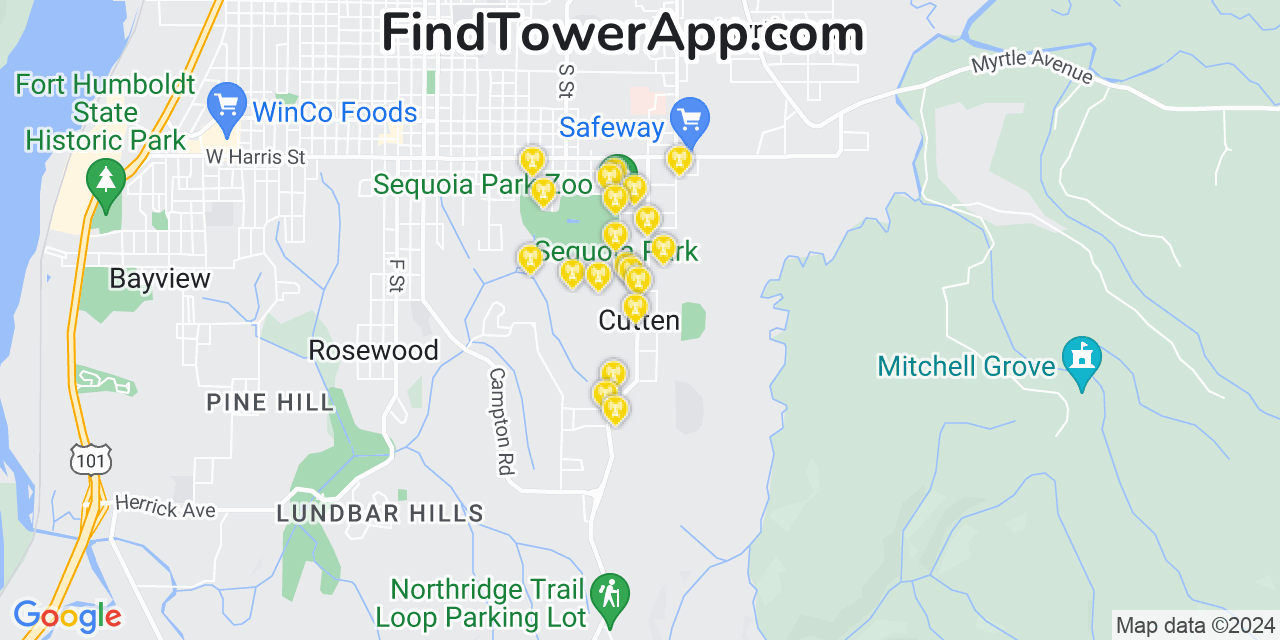 AT&T 4G/5G cell tower coverage map Cutten, California