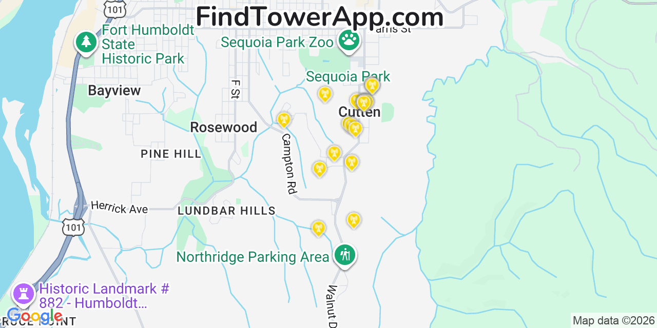 Map showing the 20 primary cell tower locations detected in Cutten, California from AT&T, Verizon, and T-Mobile networks