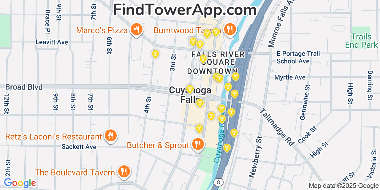 Map showing the 20 primary cell tower locations detected in Cuyahoga Falls, Ohio from AT&T, Verizon, and T-Mobile networks