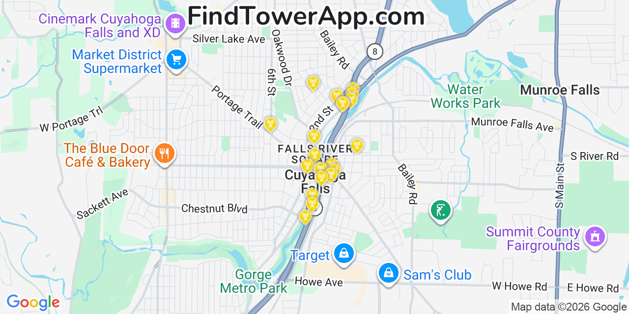 Map showing the 20 primary cell tower locations detected in Cuyahoga Falls, Ohio from AT&T, Verizon, and T-Mobile networks