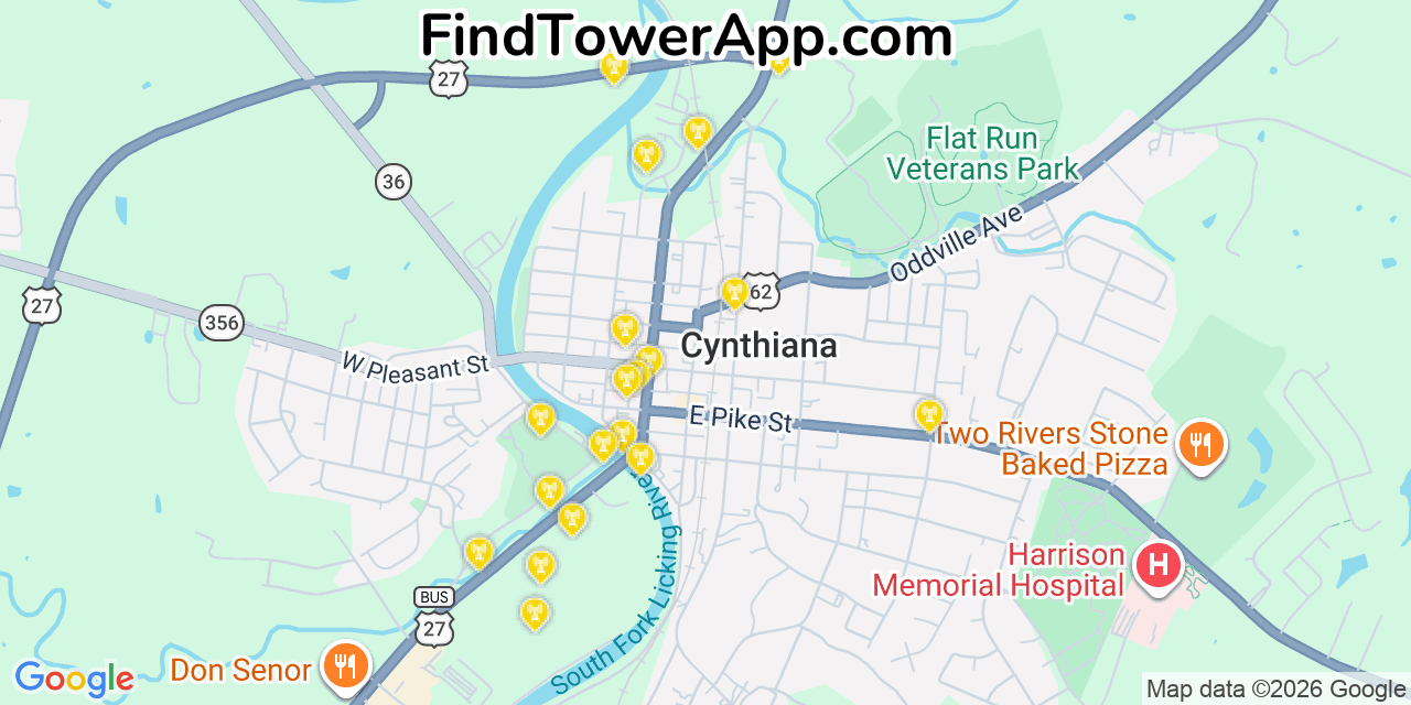 Map showing the 20 primary cell tower locations detected in Cynthiana, Kentucky from AT&T, Verizon, and T-Mobile networks