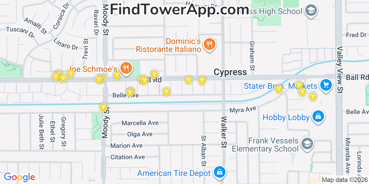 Map showing the 20 primary cell tower locations detected in Cypress, California from AT&T, Verizon, and T-Mobile networks