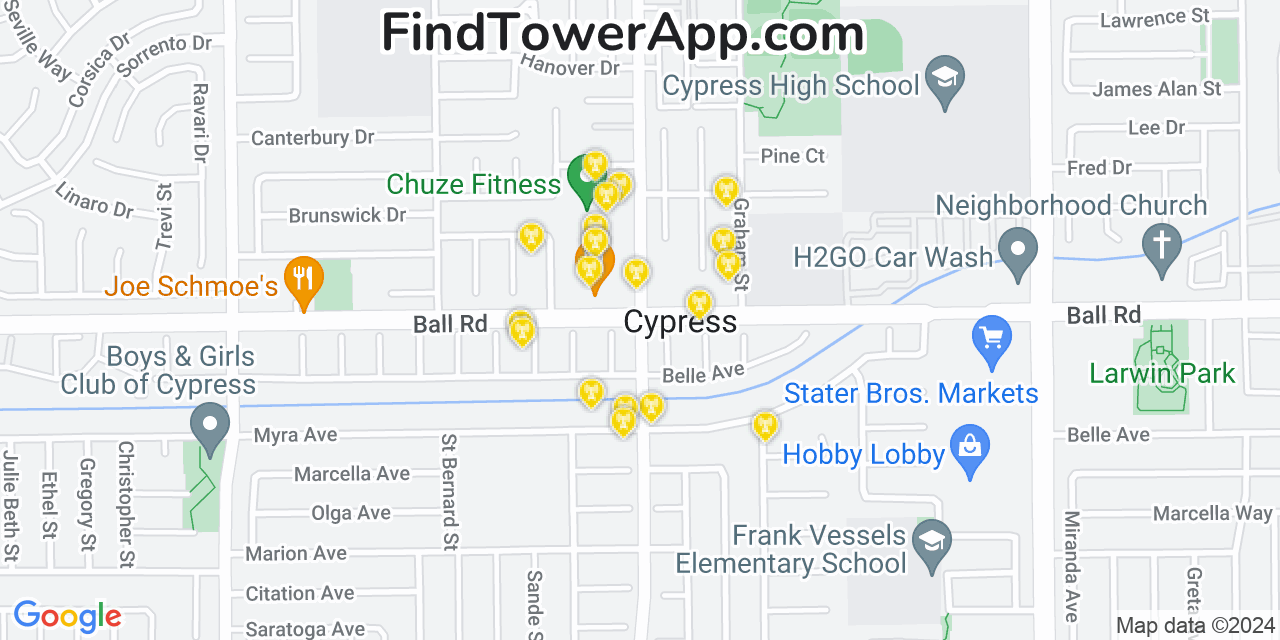 Verizon 4G/5G cell tower coverage map Cypress, California