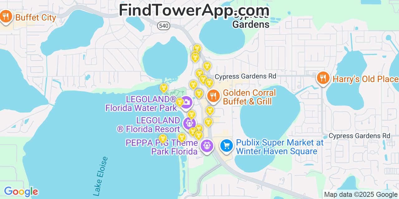 Map showing the 20 primary cell tower locations detected in Cypress Gardens, Florida from AT&T, Verizon, and T-Mobile networks
