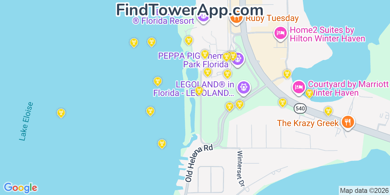 Map showing the 20 primary cell tower locations detected in Cypress Gardens, Florida from AT&T, Verizon, and T-Mobile networks