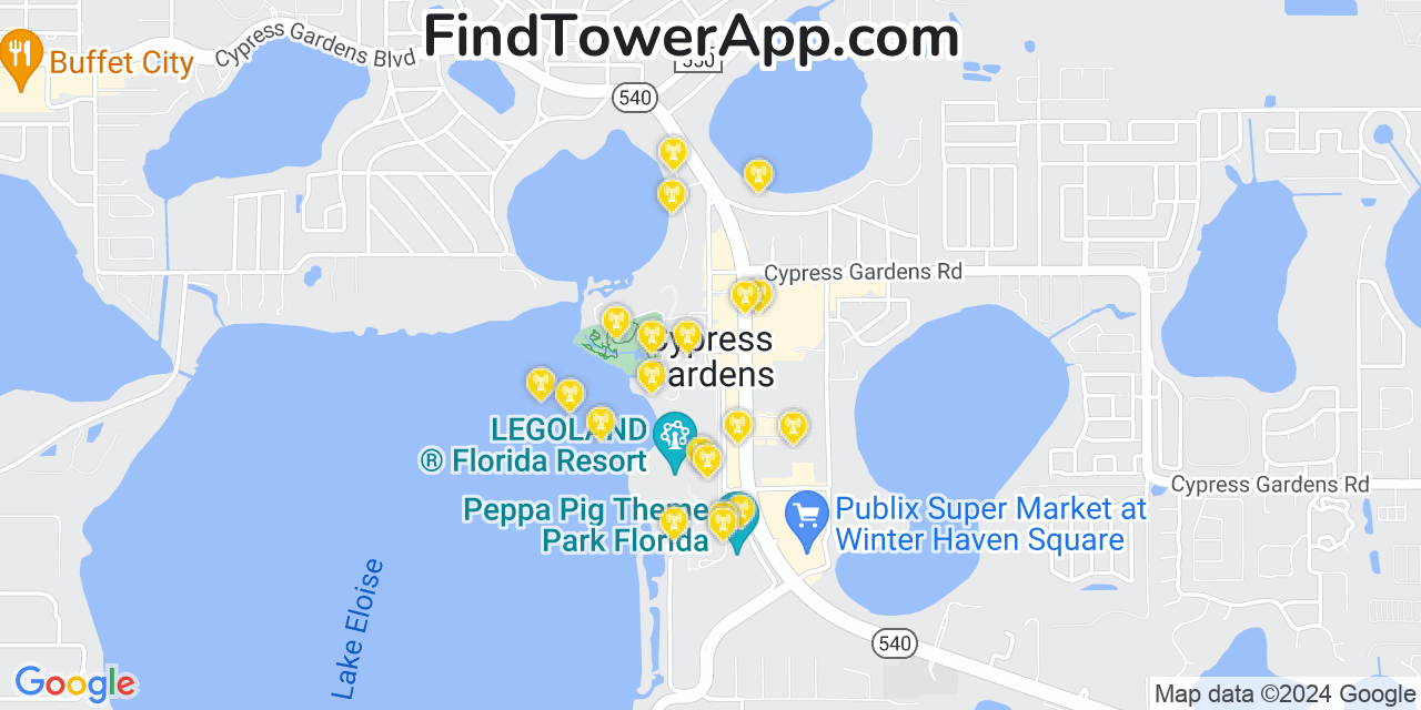 Verizon 4G/5G cell tower coverage map Cypress Gardens, Florida