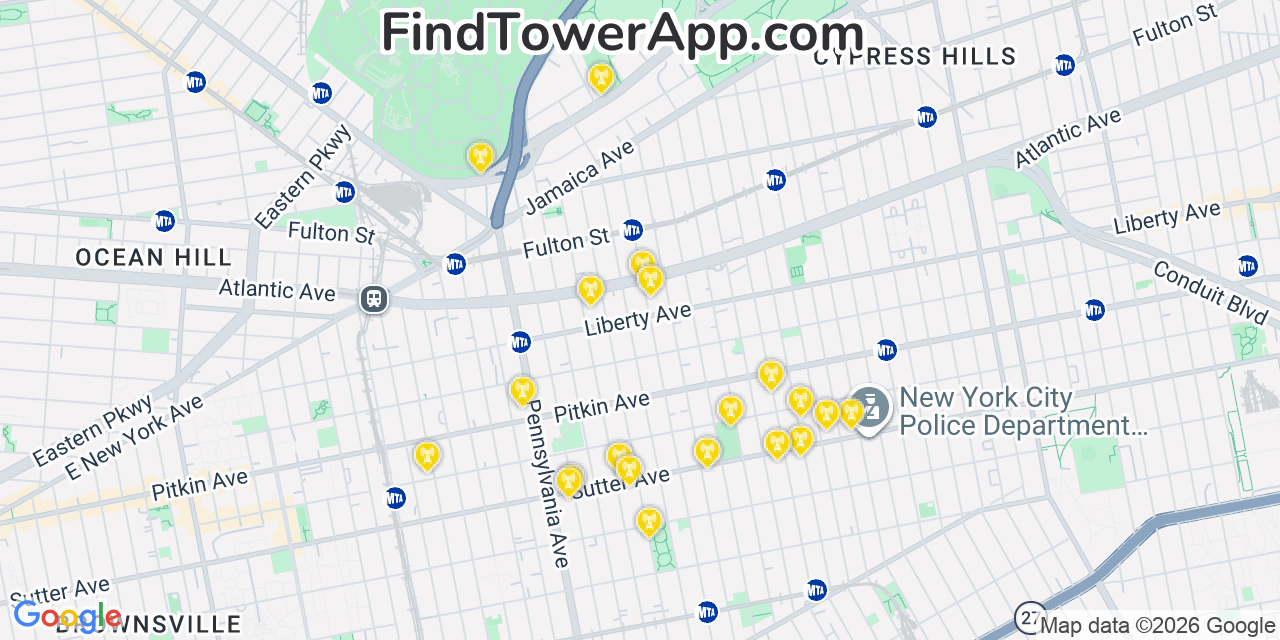 Map showing the 20 primary cell tower locations detected in Cypress Hills, New York from AT&T, Verizon, and T-Mobile networks