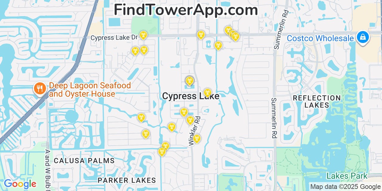 Map showing the 20 primary cell tower locations detected in Cypress Lake, Florida from AT&T, Verizon, and T-Mobile networks