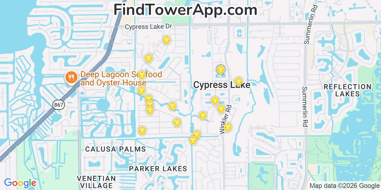 Map showing the 20 primary cell tower locations detected in Cypress Lake, Florida from AT&T, Verizon, and T-Mobile networks