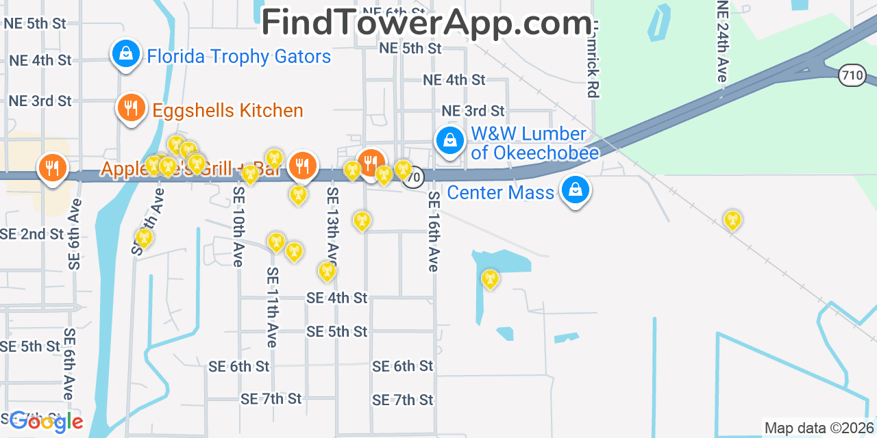 Map showing the 20 primary cell tower locations detected in Cypress Quarters, Florida from AT&T, Verizon, and T-Mobile networks