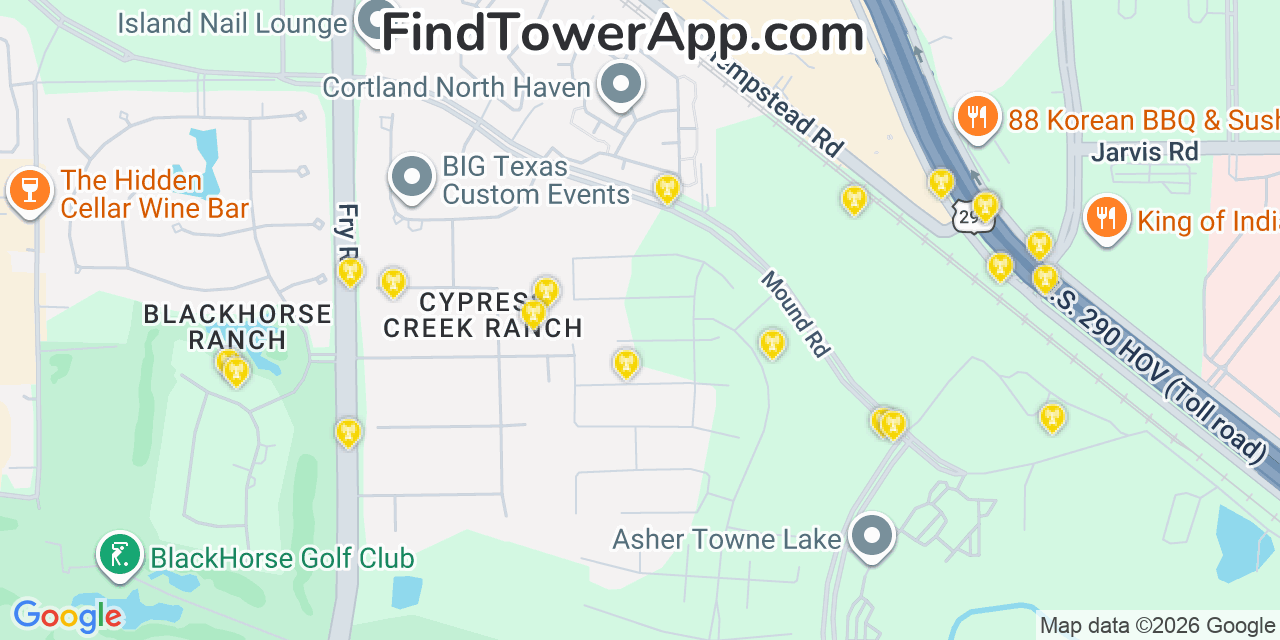 Map showing the 20 primary cell tower locations detected in Cypress, Texas from AT&T, Verizon, and T-Mobile networks