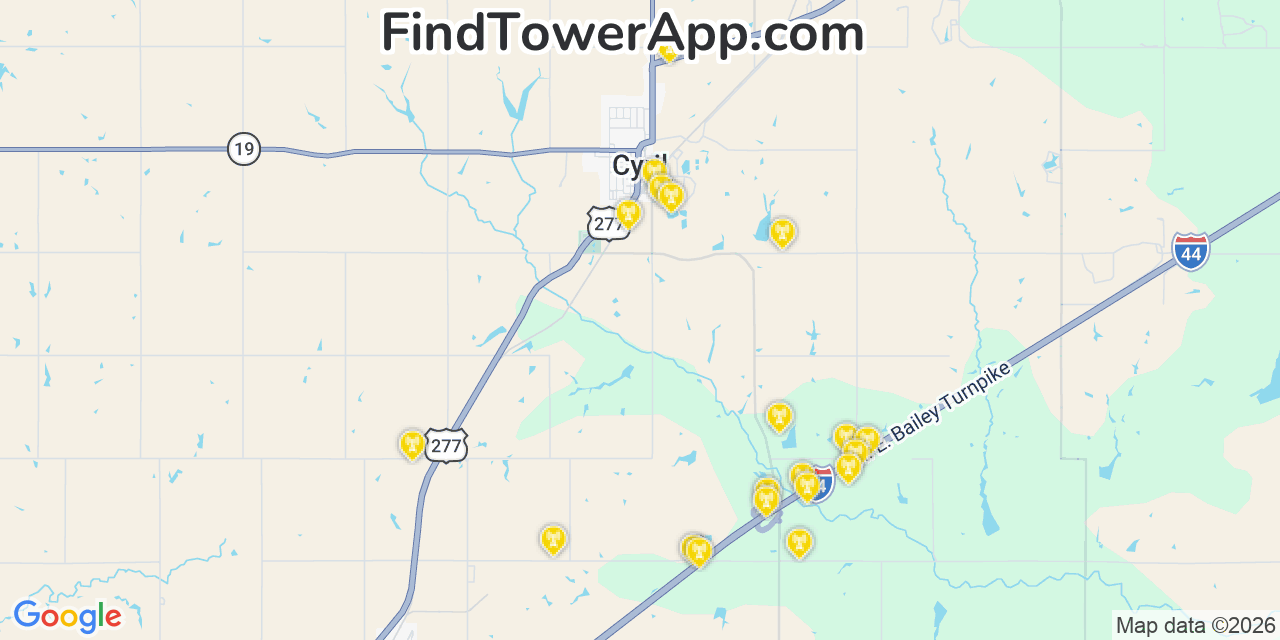 Map showing the 20 primary cell tower locations detected in Cyril, Oklahoma from AT&T, Verizon, and T-Mobile networks