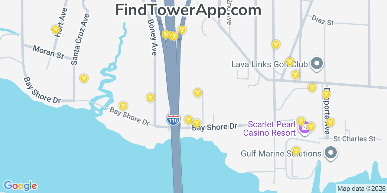 Map showing the 20 primary cell tower locations detected in D Iberville, Mississippi from AT&T, Verizon, and T-Mobile networks