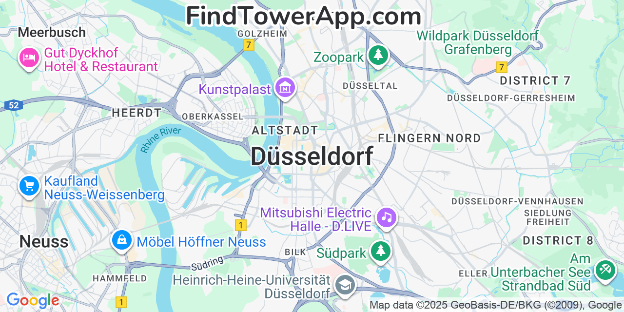 Map showing the 0 primary O2 cell tower locations detected in Düsseldorf, Germany with coverage radius and signal strength indicators