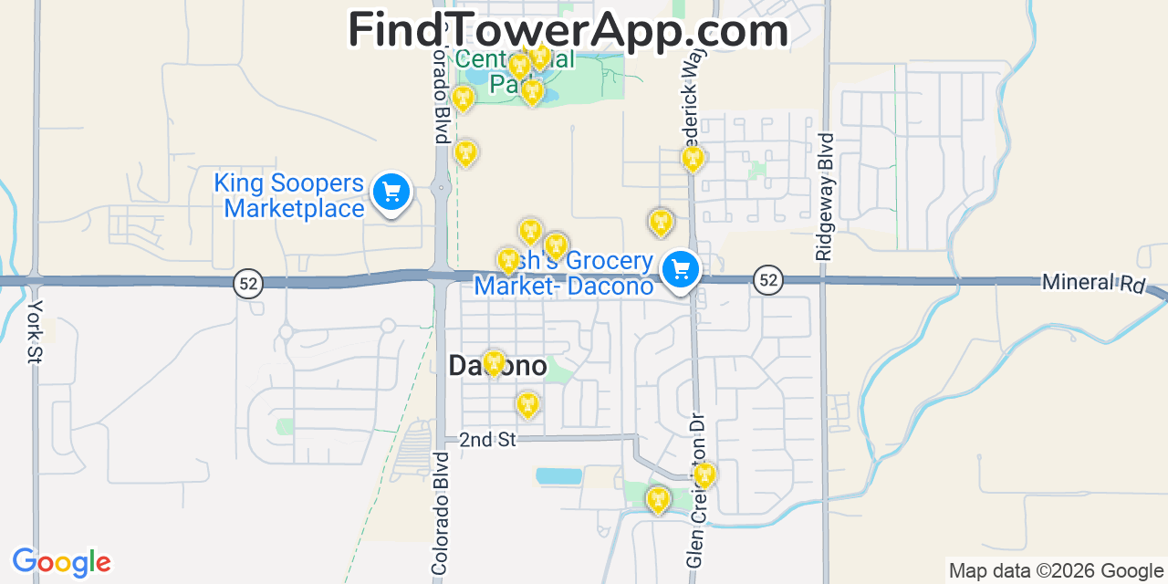 Map showing the 20 primary cell tower locations detected in Dacono, Colorado from AT&T, Verizon, and T-Mobile networks