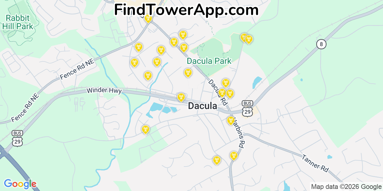 Map showing the 20 primary cell tower locations detected in Dacula, Georgia from AT&T, Verizon, and T-Mobile networks