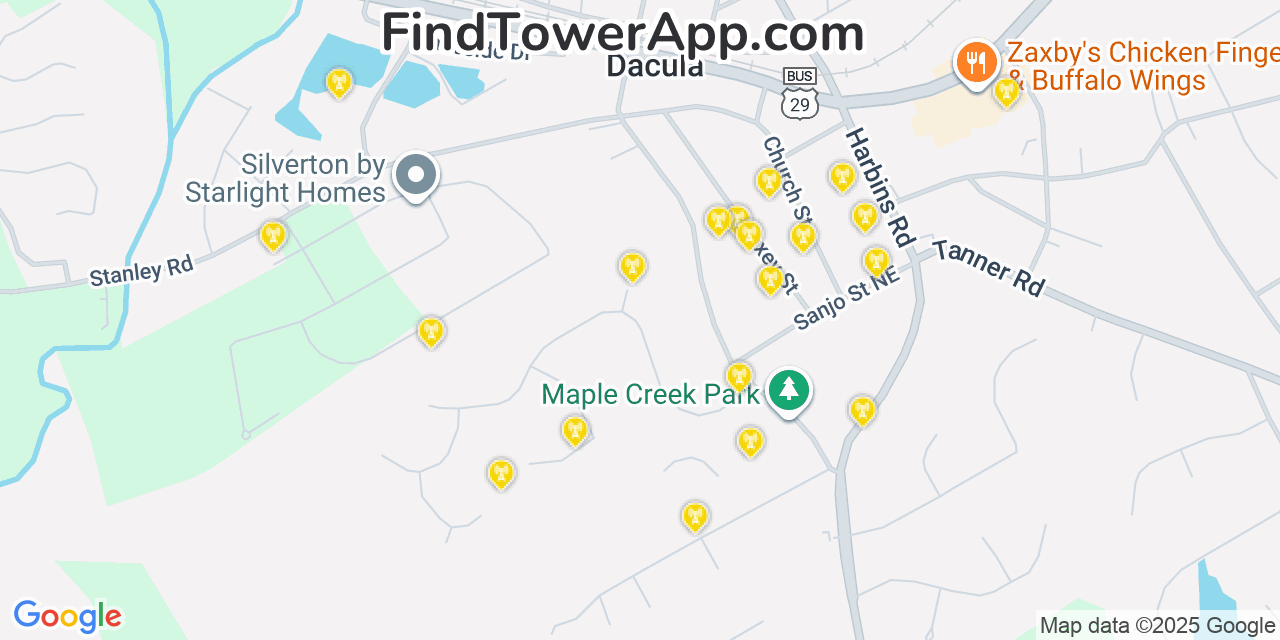 Map showing the 20 primary Mobitel cell tower locations detected in Dacula, Georgia with coverage radius and signal strength indicators