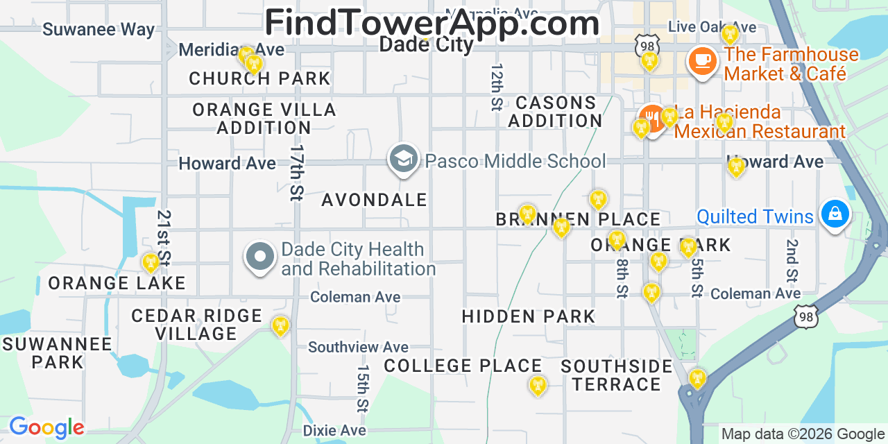 Map showing the 20 primary cell tower locations detected in Dade City, Florida from AT&T, Verizon, and T-Mobile networks