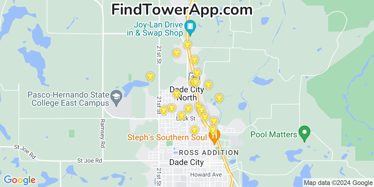 AT&T 4G/5G cell tower coverage map Dade City North, Florida