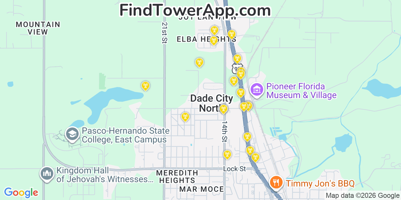 Map showing the 20 primary cell tower locations detected in Dade City North, Florida from AT&T, Verizon, and T-Mobile networks