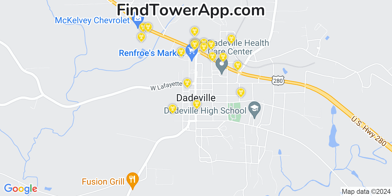 AT&T 4G/5G cell tower coverage map Dadeville, Alabama