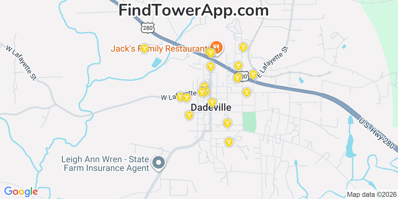 Map showing the 20 primary cell tower locations detected in Dadeville, Alabama from AT&T, Verizon, and T-Mobile networks