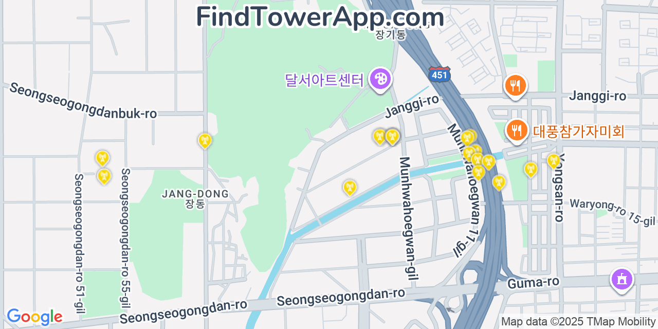 Map showing the 20 primary cell tower locations detected in Daegu, South Korea with coverage areas and signal strength