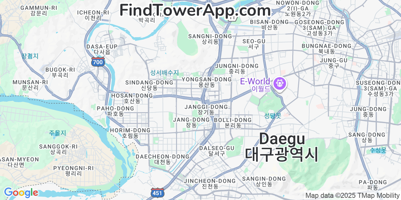 Map showing the 0 primary SK-Telecom cell tower locations detected in Daegu, South Korea with coverage radius and signal strength indicators