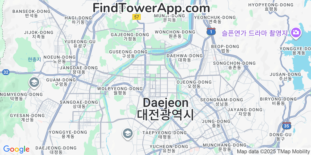 Map showing the 0 primary KT cell tower locations detected in Daejeon, South Korea with coverage radius and signal strength indicators