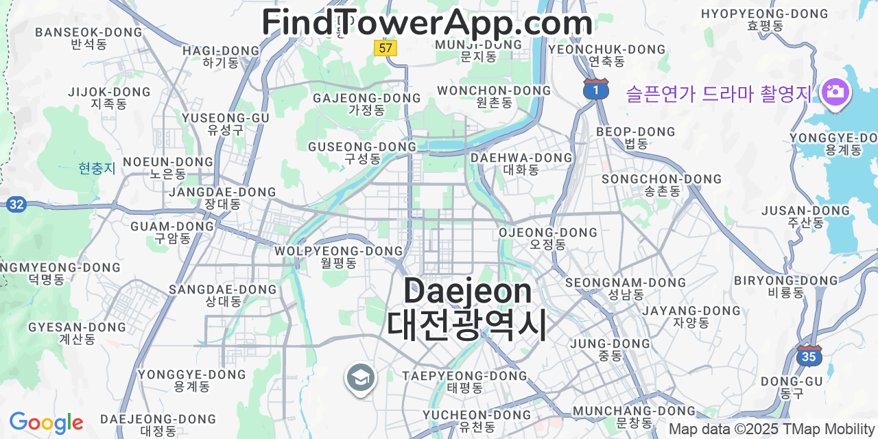 Map showing the 0 primary LG-U  cell tower locations detected in Daejeon, South Korea with coverage radius and signal strength indicators