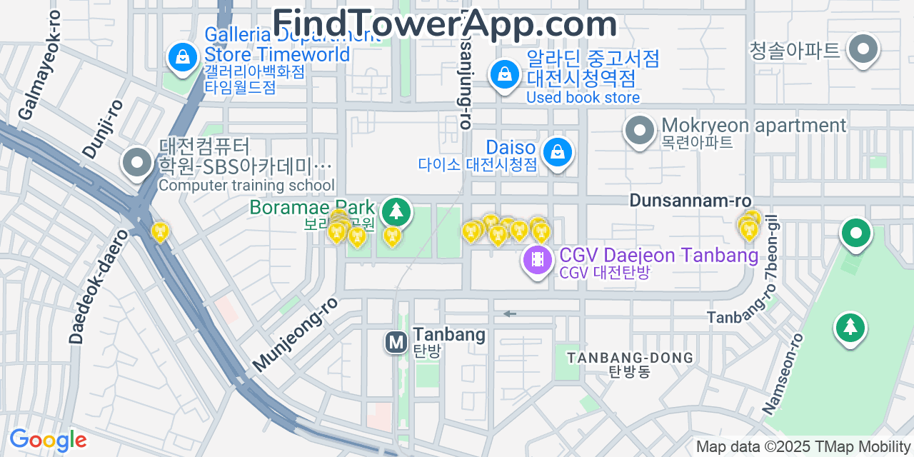 Map showing the 20 primary cell tower locations detected in Daejeon, South Korea with coverage areas and signal strength