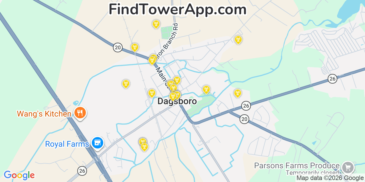 Map showing the 20 primary cell tower locations detected in Dagsboro, Delaware from AT&T, Verizon, and T-Mobile networks