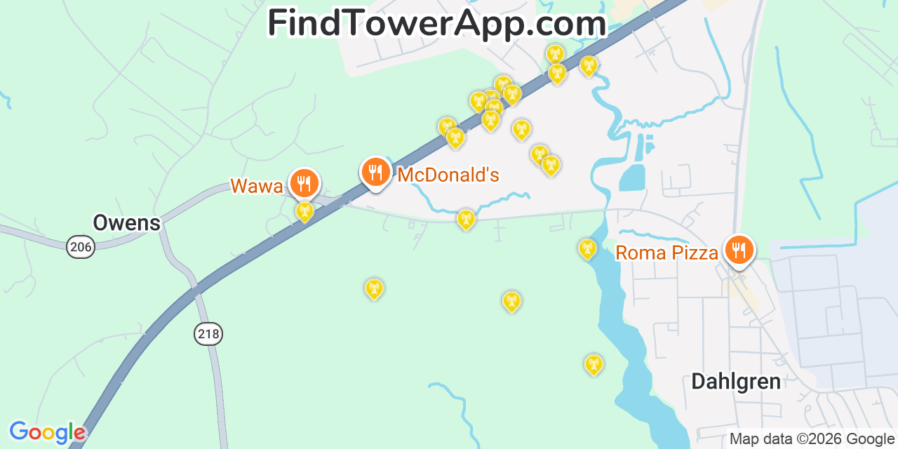 Map showing the 20 primary cell tower locations detected in Dahlgren, Virginia from AT&T, Verizon, and T-Mobile networks