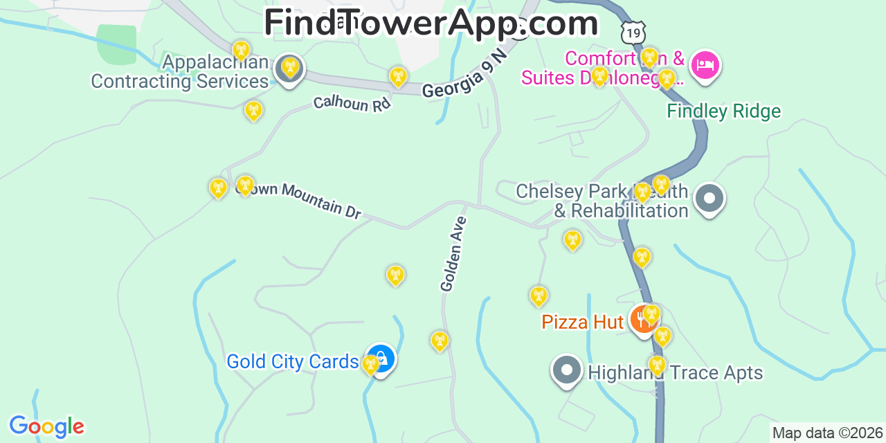 Map showing the 20 primary cell tower locations detected in Dahlonega, Georgia from AT&T, Verizon, and T-Mobile networks