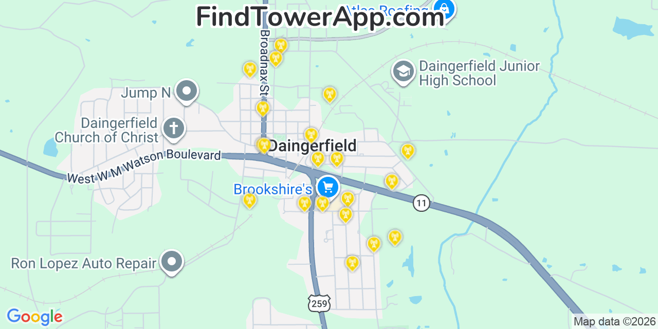 Map showing the 20 primary cell tower locations detected in Daingerfield, Texas from AT&T, Verizon, and T-Mobile networks