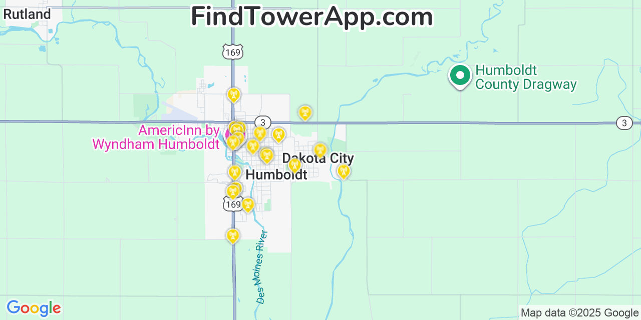 Map showing the 20 primary cell tower locations detected in Dakota City, Iowa from AT&T, Verizon, and T-Mobile networks