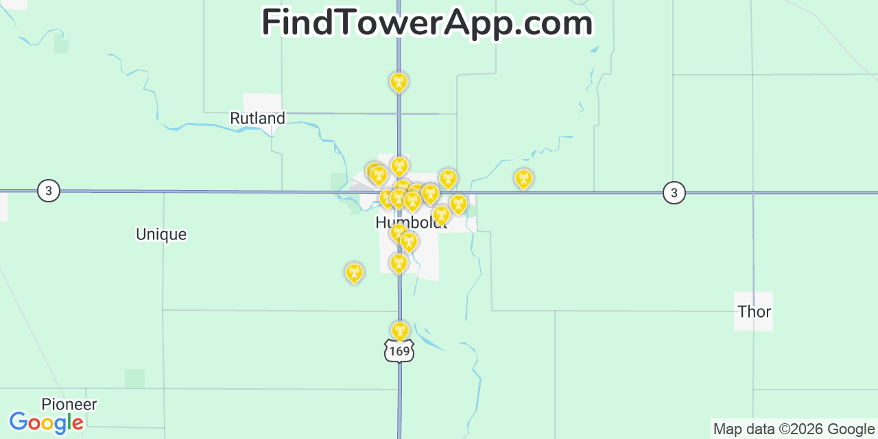 Map showing the 20 primary cell tower locations detected in Dakota City, Iowa from AT&T, Verizon, and T-Mobile networks